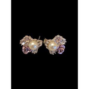 Pearl & Rhinestone Stud Earrings With Pink Rose Accents